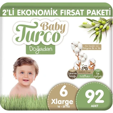 Baby Turco Doğadan 2'li Ekonomik Fırsat Paketi Bebek Bezi 6 Numara Xlarge 92