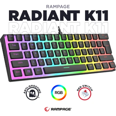 Rampage RADIANT K11 Siyah Type-C Bağlantılı RGB Puding Tuşlu US Layout Red Switch Gaming Oyuncu