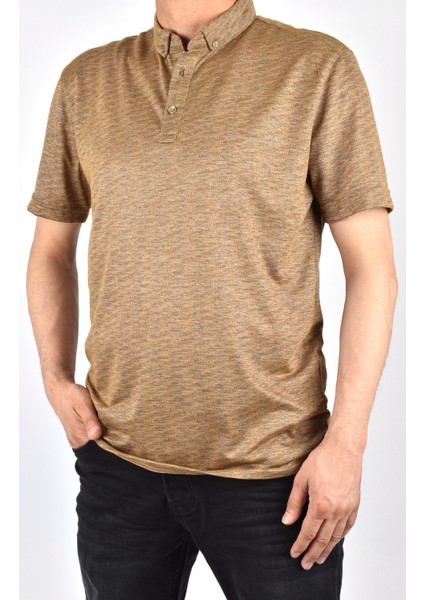 1370 Yaka Düğmeli Desenli Tişört/hardal/xl