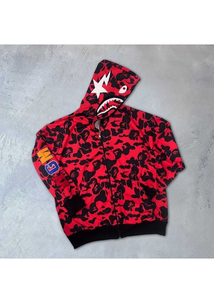 Unisex Iki Iplik Tam Fermalı Bape Baskılı Kanguru Cepli Nakış Işlemeli Hırka