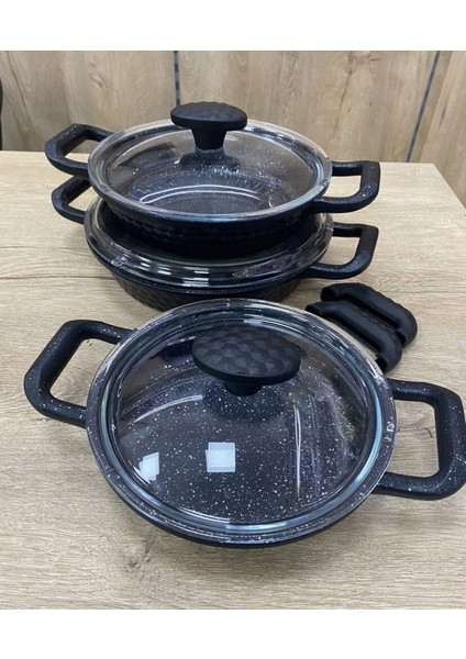 Ağır Granit Döküm Yanmaz Yapışmaz Cam Kapaklı Sahan Takımı 18-20-22CM Yumurta Yemek Sahan modelleri