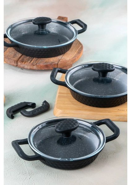 Ağır Granit Döküm Yanmaz Yapışmaz Cam Kapaklı Sahan Takımı 18-20-22CM Yumurta Yemek Sahan fırsatları