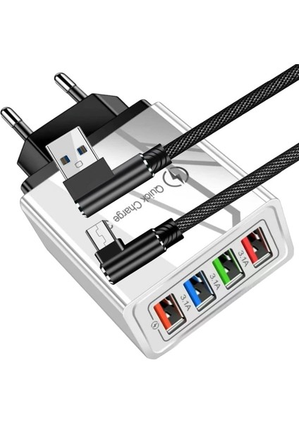 A6 Çoklu Şarj Adaptörü 4 Port + J11 Micro USB 2.4A/90 Derece Şarj Kablosu -1mt