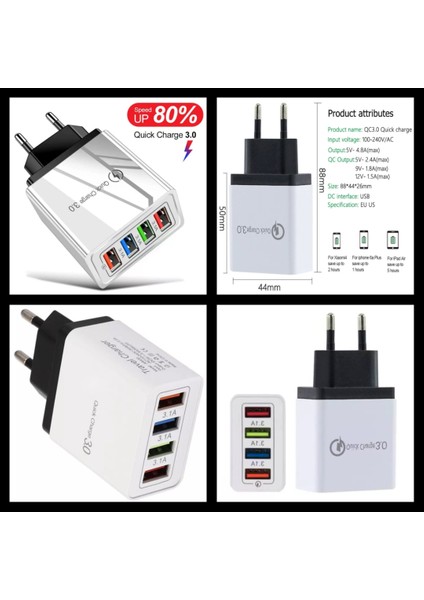 A6 Çoklu Şarj Adaptörü 4 Port + J11 Micro USB 2.4A/90 Derece Şarj Kablosu -1mt
