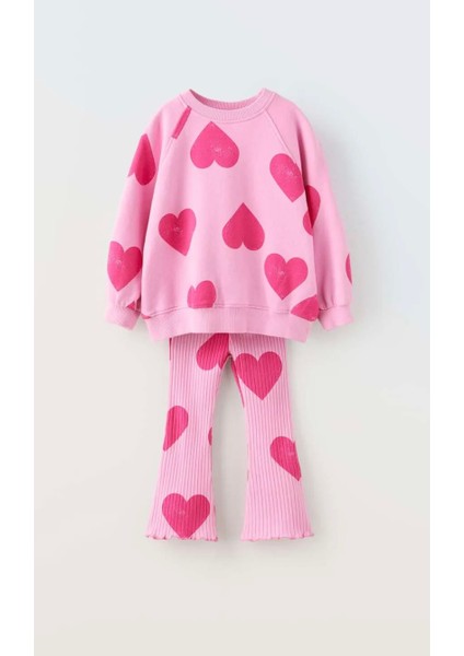 Kız Çocuk Kalp Desenli Pamuklu Sweatshirt Tayt Alt-Üst Takım Pembe Renk
