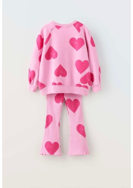Kız Çocuk Kalp Desenli Pamuklu Sweatshirt Tayt Alt-Üst Takım Pembe Renk
