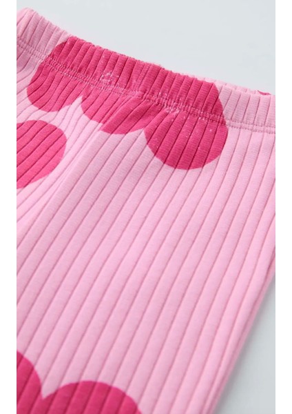 Kız Çocuk Kalp Desenli Pamuklu Sweatshirt Tayt Alt-Üst Takım Pembe Renk