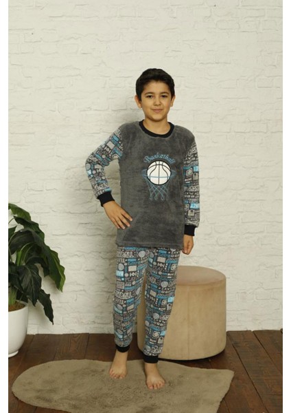 Erkek Çocuk 1027 Desenli Polar Pijama Takımı Gri