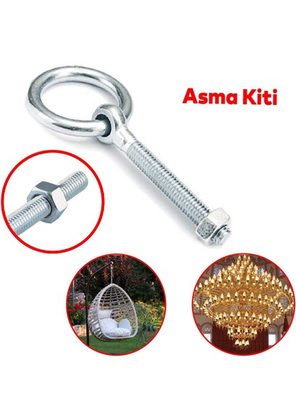 Halkalı Metal Paslanmaz Civata M10 Somunlu Sabitleme Çekme Kaldırma Tavan Kancası Asma Kit