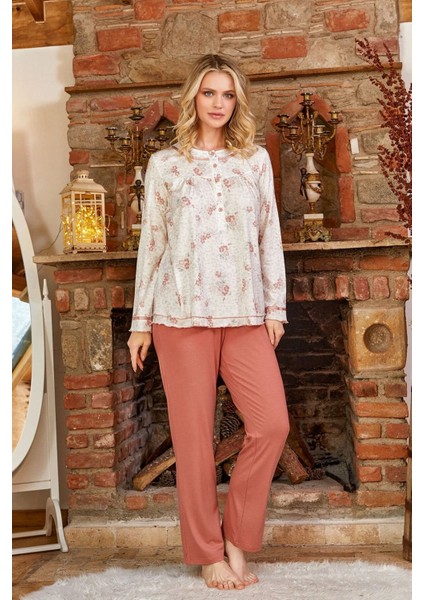 24183 Kadın Büyük Beden Uzun Kollu Pijama Takım-Desenli fiyatları
