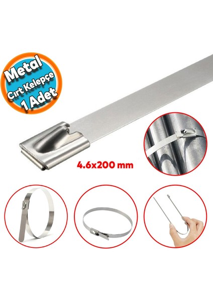 Cırt Kelepçe Metal Paslanmaz Çelik Kablo Zip Bağı Çok Amaçlı Bağlama 4.6X200 1 Adet