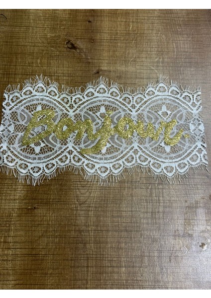 16X30 cm Güpür Sarı Yazılı Bonjour Arma Yama Aplike Dikiş