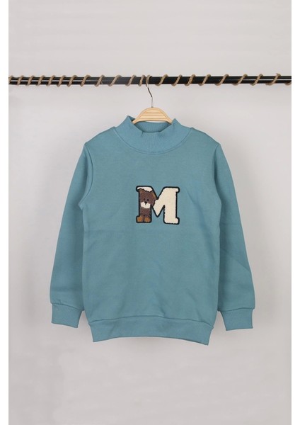 Unisex Çocuk Dik Yaka M Nakışlı Mavi Basic Sweatshirt