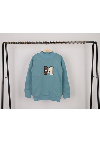 Unisex Çocuk Dik Yaka M Nakışlı Mavi Basic Sweatshirt fiyatları