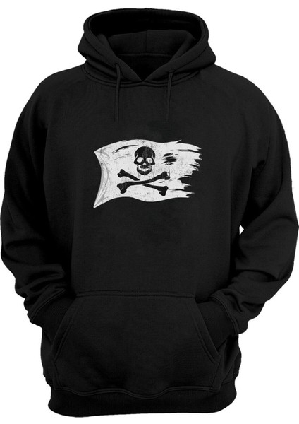 Unisex Korsan Bayrağı Siyah Normal Kalıp Sweatshirt