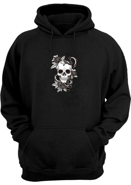 Unisex Çiçek Kafatası ve Yılan Siyah Normal Kalıp Sweatshirt
