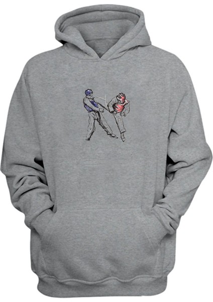 Unisex Taekwondo Çizim Illüstrasyon Gri Normal Kalıp Sweatshirt