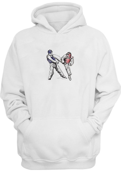 Unisex Taekwondo Çizim Illüstrasyon Beyaz Normal Kalıp Sweatshirt