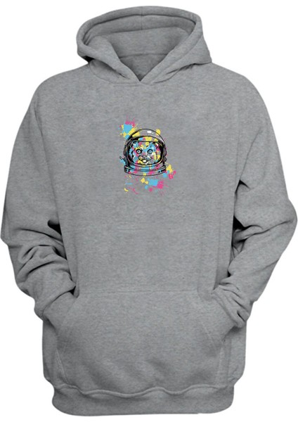 Unisex Renkli Kedi Illüstrasyon Gri Normal Kalıp Sweatshirt