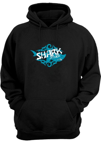 Unisex Shark Attack Köpekbalığı Siyah Normal Kalıp Sweatshirt