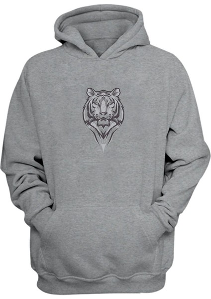 Unisex Siyah ve Gri Kaplan Illüstrasyon Gri Normal Kalıp Sweatshirt
