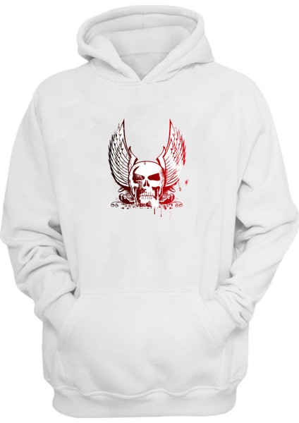 Unisex Siyah ve Kırmızı Kafatası Kanatları Beyaz Normal Kalıp Sweatshirt