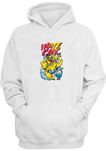Unisex I Hate Cat Karikatür Çizimi Beyaz Normal Kalıp Sweatshirt
