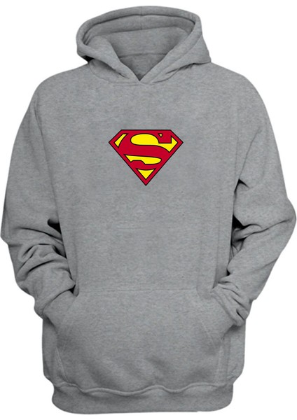 Unisex Süpermen Logosu Gri Normal Kalıp Sweatshirt