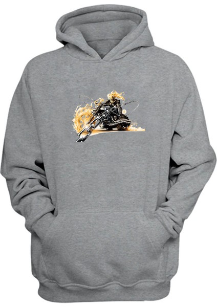 Unisex Marvel Ghost Rider Sürme Motosiklet Gri Normal Kalıp Sweatshirt
