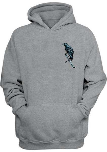 Unisex Mavi ve Siyah Karga Illüstrasyon Gri Normal Kalıp Sweatshirt