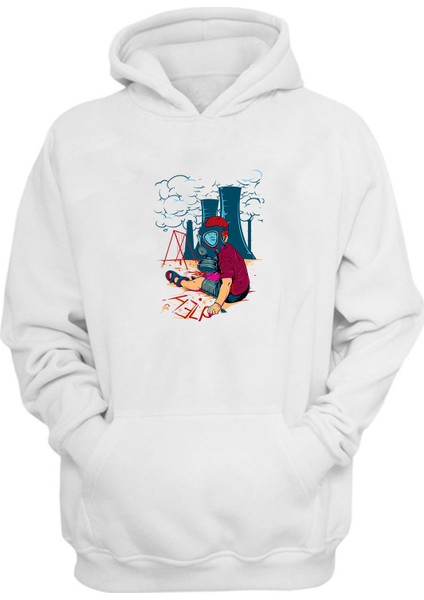Unisex Gaz Maskes Iillüstrasyon Çocuk Beyaz Normal Kalıp Sweatshirt