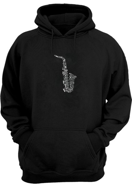 Unisex Notalar ve Saksafon Siyah Normal Kalıp Sweatshirt