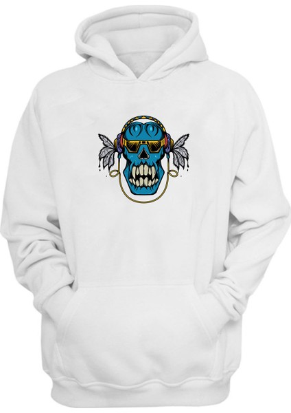 Unisex Mavi ve Sarı Kafatası Illüstrasyon Beyaz Normal Kalıp Sweatshirt