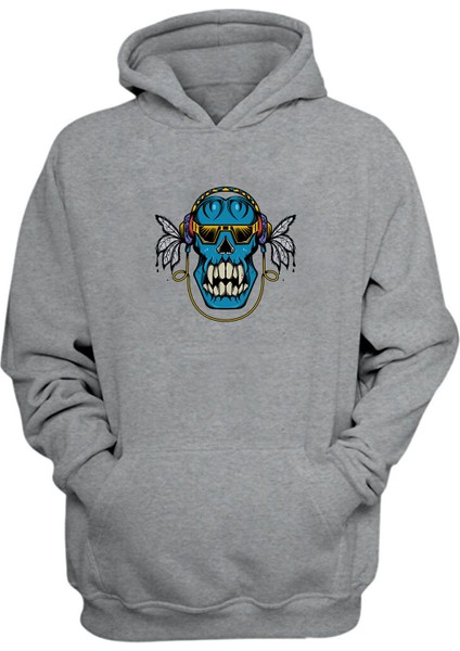 Unisex Mavi ve Sarı Kafatası Illüstrasyon Gri Normal Kalıp Sweatshirt