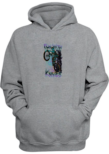 Unisex Siyah ve Mor Bisiklet Sürme Adam Gri Normal Kalıp Sweatshirt