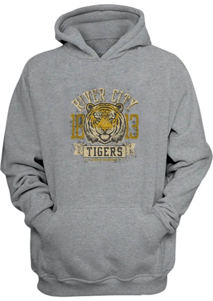 Unisex 1813 River City Tigers Atletizm Baskılı Gri Normal Kalıp Sweatshirt