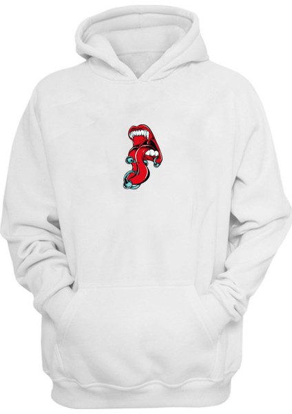 Unisex Piercing Çizim Ile Dil Beyaz Normal Kalıp Sweatshirt