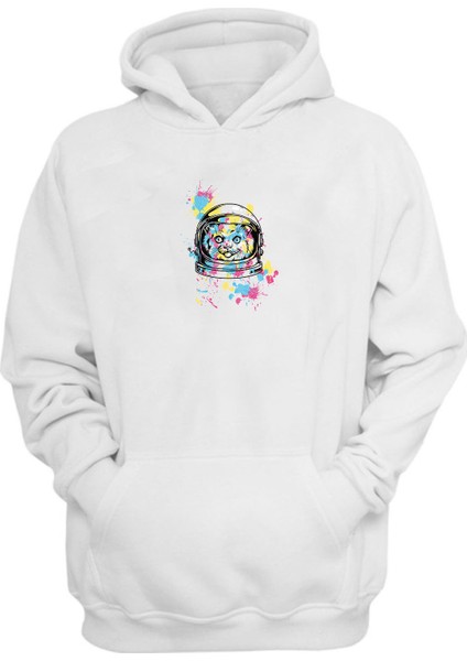Unisex Renkli Kedi Illüstrasyon Beyaz Normal Kalıp Sweatshirt
