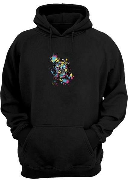 Unisex Renkli Kedi Illüstrasyon Siyah Normal Kalıp Sweatshirt