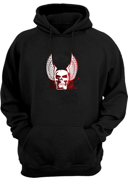 Unisex Siyah ve Kırmızı Kafatası Kanatları Siyah Normal Kalıp Sweatshirt