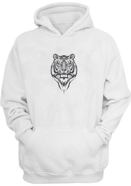 Unisex Siyah ve Gri Kaplan Illüstrasyon Beyaz Normal Kalıp Sweatshirt