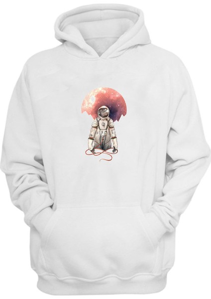 Unisex Astronot Takım Elbise Çizimi ve Ay Beyaz Normal Kalıp Sweatshirt