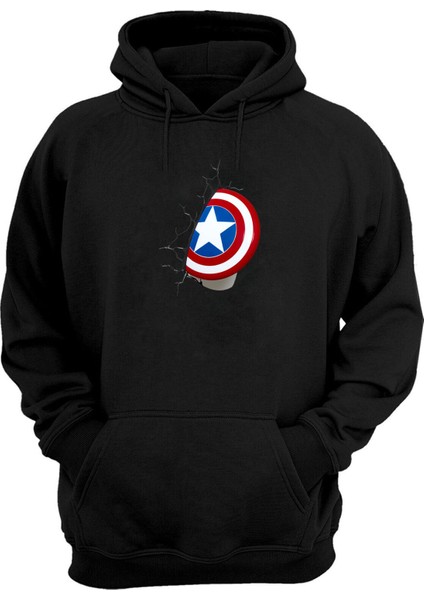 Unisex Kaptan Amerika Kalkanı Siyah Normal Kalıp Sweatshirt