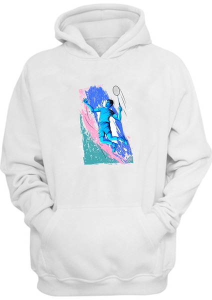Unisex Badminton Çizim Beyaz Normal Kalıp Sweatshirt