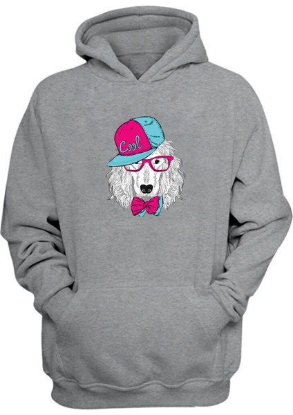 Unisex Beyaz Pembe ve Mavi Şapka Köpek Gri Normal Kalıp Sweatshirt
