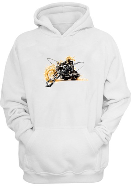 Unisex Marvel Ghost Rider Sürme Motosiklet Beyaz Normal Kalıp Sweatshirt