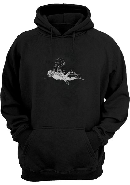Unisex Scuba Dalış Çizimi Siyah Normal Kalıp Sweatshirt