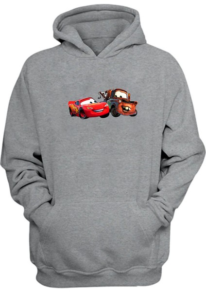 Unisex Şimşek Mcqueen ve Tow Mater Gri Normal Kalıp Sweatshirt