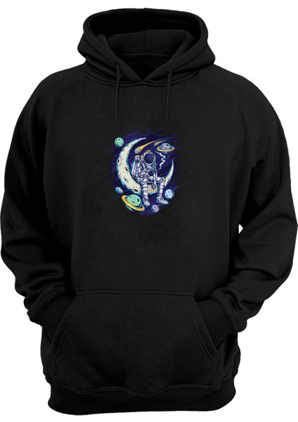 Unisex Uzayda Ayda Oturan Astronot Siyah Normal Kalıp Sweatshirt