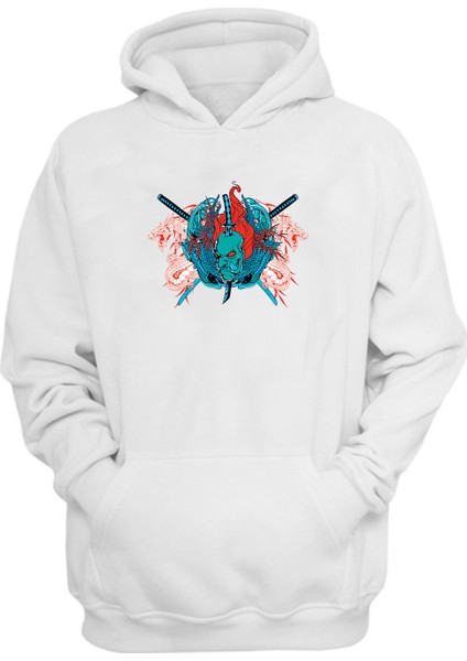 Unisex Ejderha ve Canavar Baskısı Beyaz Normal Kalıp Sweatshirt